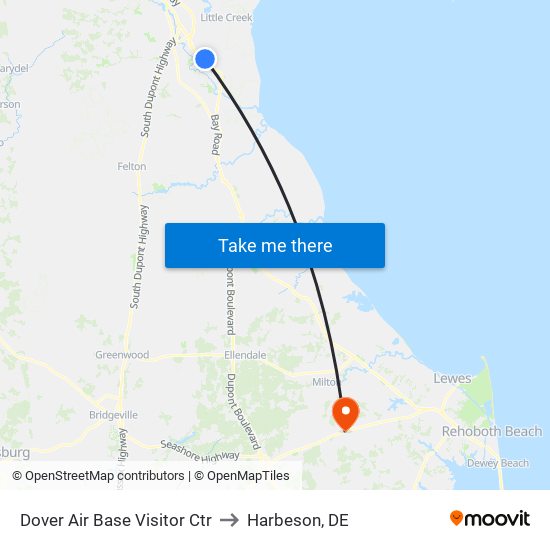 Dover Air Base Visitor Ctr to Harbeson, DE map