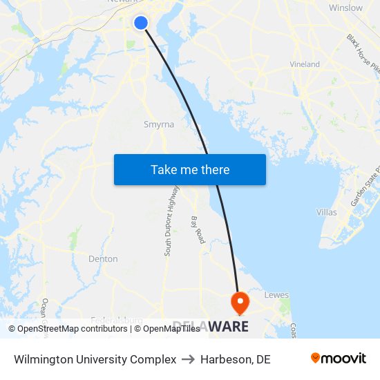 Wilmington University Complex to Harbeson, DE map