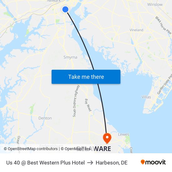 Us 40 @ Best Western Plus Hotel to Harbeson, DE map