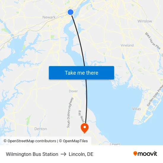 Wilmington Bus Station to Lincoln, DE map