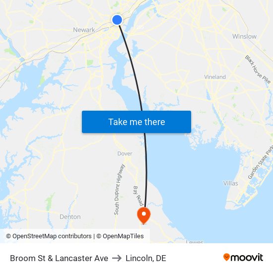 Broom St & Lancaster Ave to Lincoln, DE map