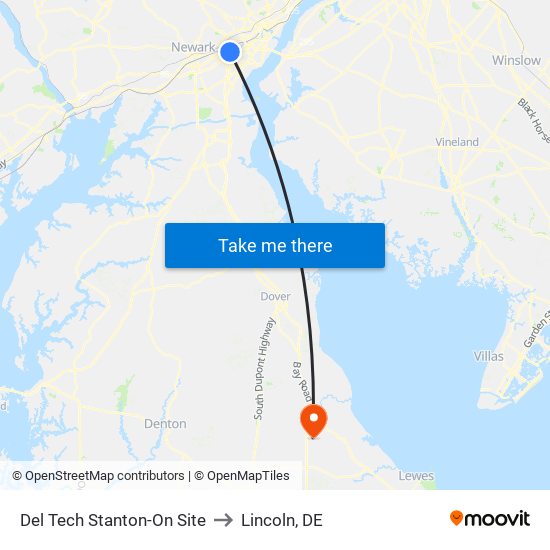 Del Tech Stanton-On Site to Lincoln, DE map