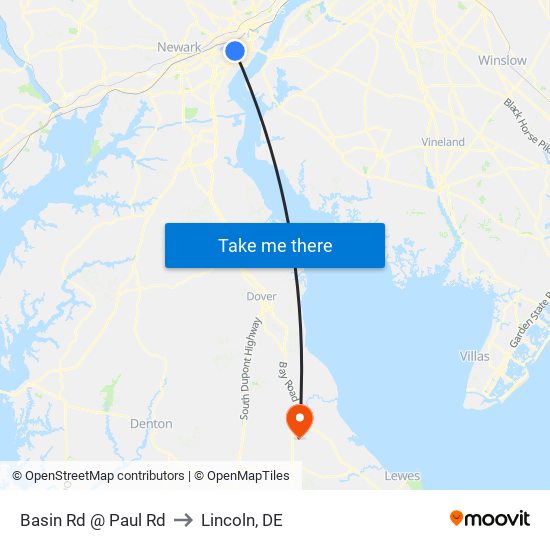 Basin Rd @ Paul Rd to Lincoln, DE map