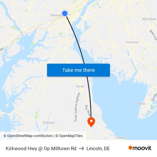 Kirkwood Hwy @ Op Milltown Rd to Lincoln, DE map