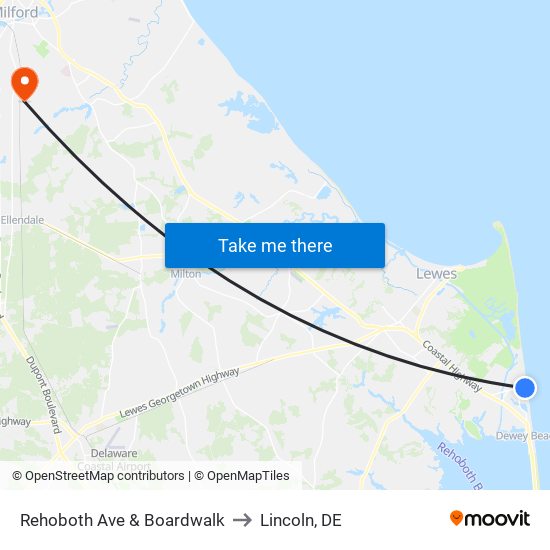 Rehoboth Ave & Boardwalk to Lincoln, DE map