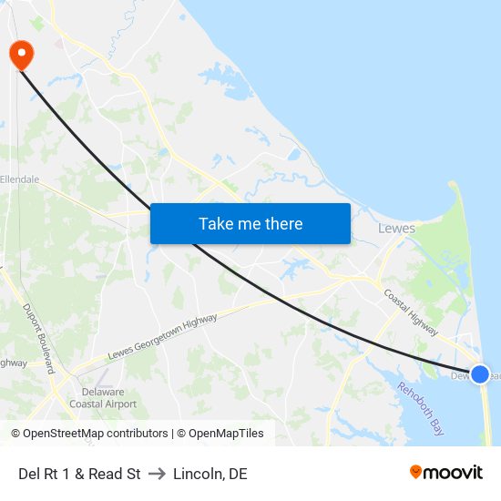 Del Rt 1 & Read St to Lincoln, DE map