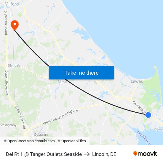 Del Rt 1 @ Tanger Outlets Seaside to Lincoln, DE map