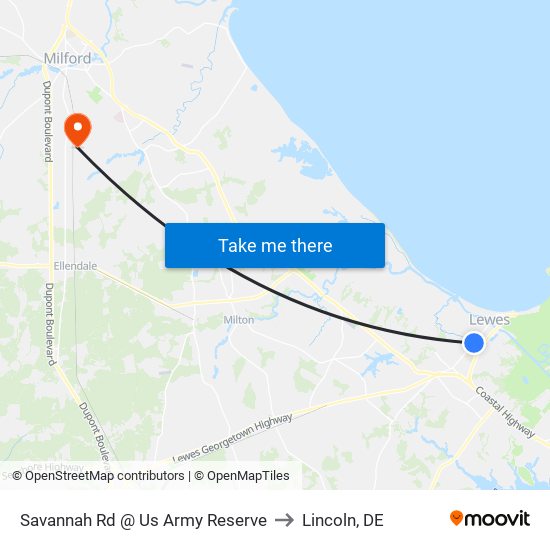Savannah Rd @ Us Army Reserve to Lincoln, DE map