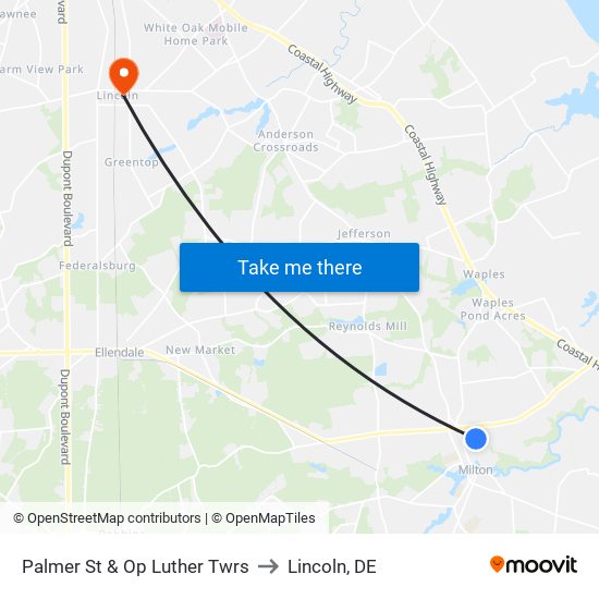Palmer St & Op Luther Twrs to Lincoln, DE map