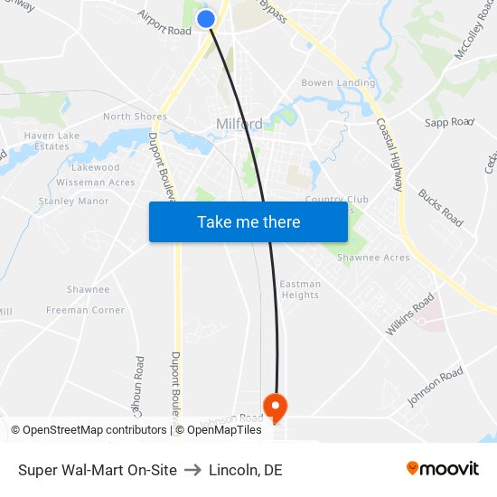 Super Wal-Mart On-Site to Lincoln, DE map