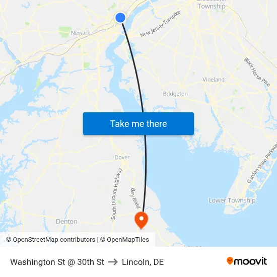 Washington St @ 30th St to Lincoln, DE map