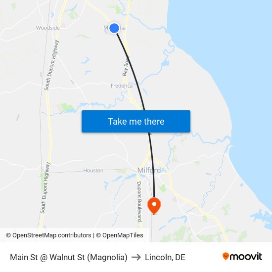 Main St @ Walnut St (Magnolia) to Lincoln, DE map