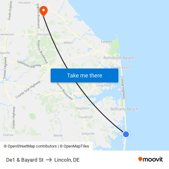 De1 & Bayard St to Lincoln, DE map