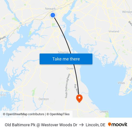 Old Baltimore Pk @ Westover Woods Dr to Lincoln, DE map