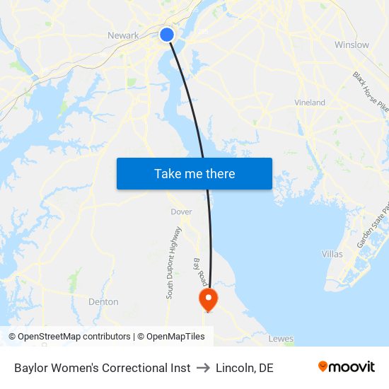 Baylor Women's Correctional Inst to Lincoln, DE map