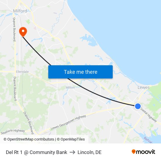 Del Rt 1 @ Community Bank to Lincoln, DE map