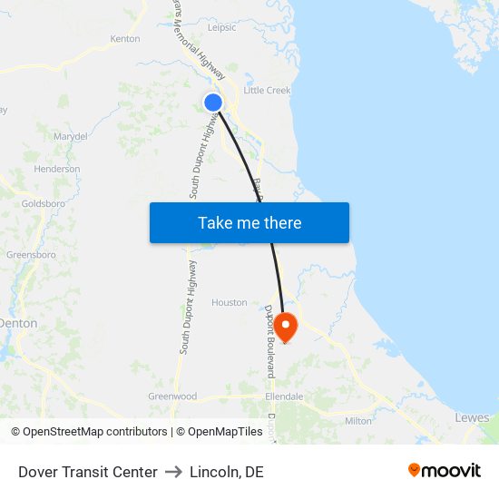Dover Transit Center to Lincoln, DE map