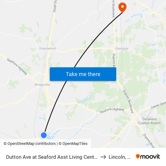 Dutton Ave at Seaford Asst Living Center to Lincoln, DE map