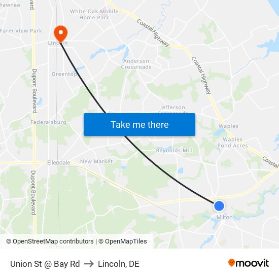 Union St @ Bay Rd to Lincoln, DE map