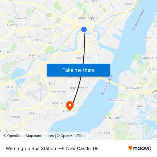 Wilmington Bus Station to New Castle, DE map