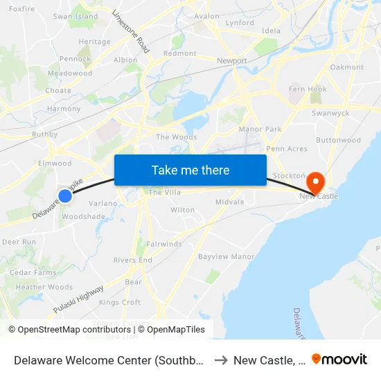 Delaware Welcome Center (Southbound) to New Castle, DE map