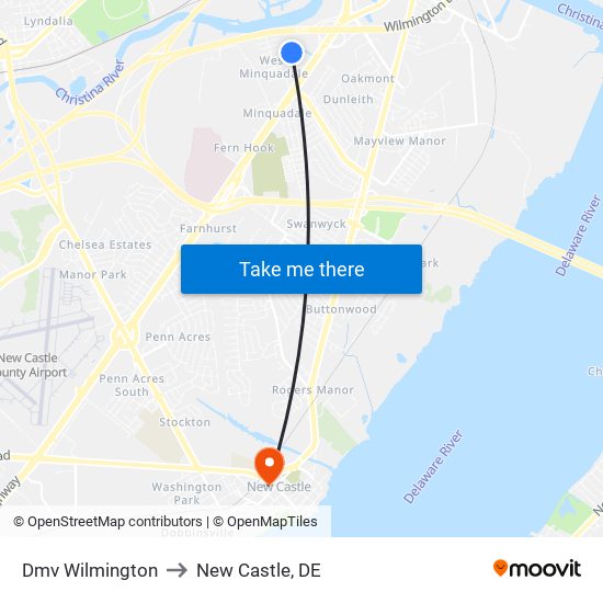 Dmv Wilmington to New Castle, DE map