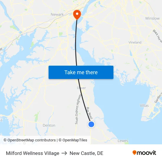 Milford Wellness Village to New Castle, DE map