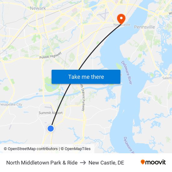 North Middletown Park & Ride to New Castle, DE map