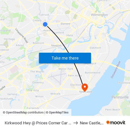 Kirkwood Hwy @ Prices Corner Car Wash to New Castle, DE map