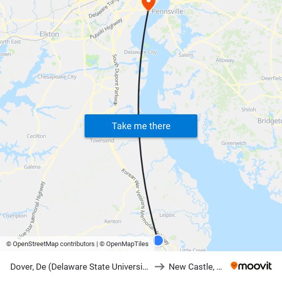 Dover, De (Delaware State University) to New Castle, DE map