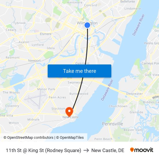 11th St @ King St (Rodney Square) to New Castle, DE map