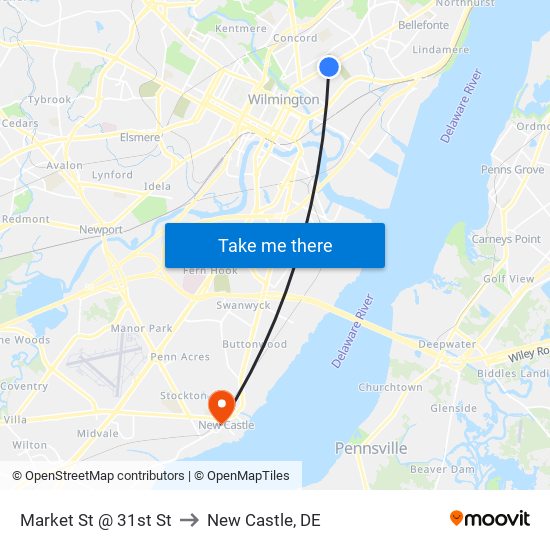 Market St @ 31st St to New Castle, DE map