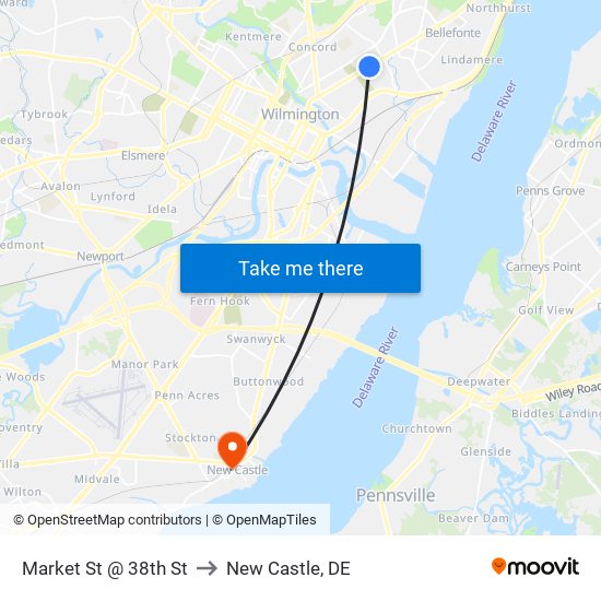 Market St @ 38th St to New Castle, DE map