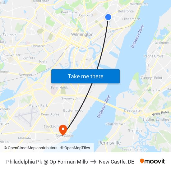 Philadelphia Pk @ Op Forman Mills to New Castle, DE map