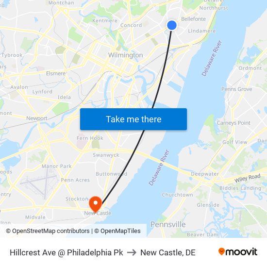 Hillcrest Ave @ Philadelphia Pk to New Castle, DE map