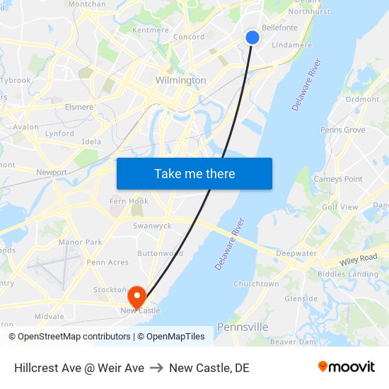 Hillcrest Ave @ Weir Ave to New Castle, DE map