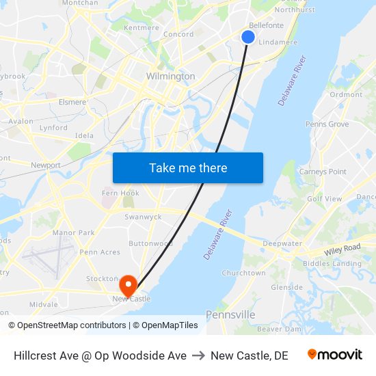 Hillcrest Ave @ Op Woodside Ave to New Castle, DE map