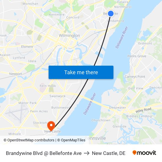 Brandywine Blvd @ Bellefonte Ave to New Castle, DE map