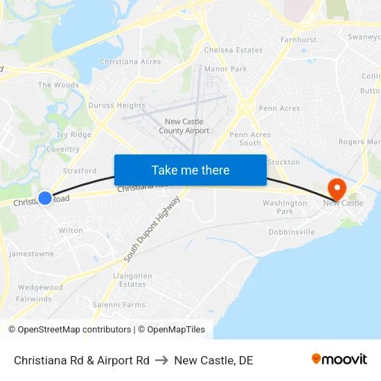Christiana Rd & Airport Rd to New Castle, DE map