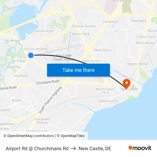 Airport Rd @ Churchmans Rd to New Castle, DE map