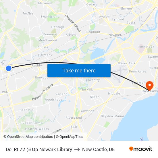 Del Rt 72 @ Op Newark Library to New Castle, DE map