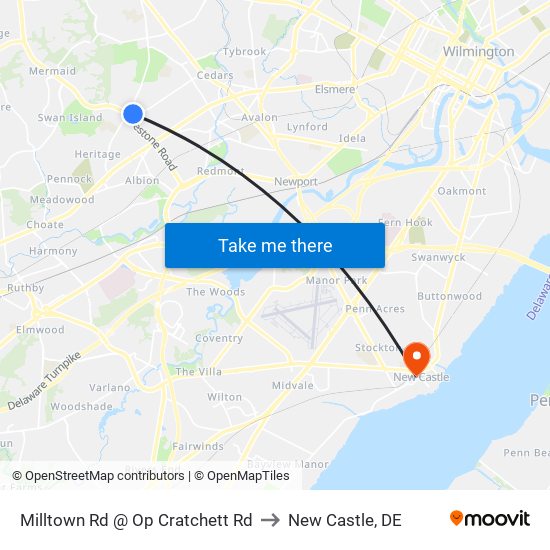 Milltown Rd @ Op Cratchett Rd to New Castle, DE map