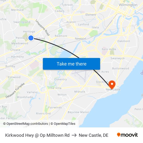 Kirkwood Hwy @ Op Milltown Rd to New Castle, DE map