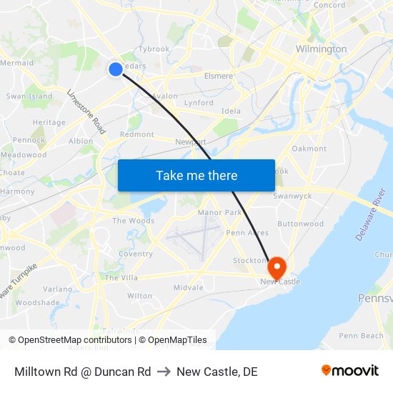 Milltown Rd @ Duncan Rd to New Castle, DE map