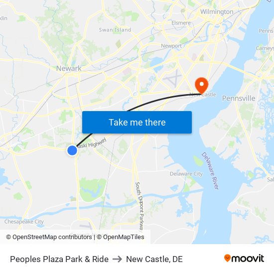 Peoples Plaza Park & Ride to New Castle, DE map