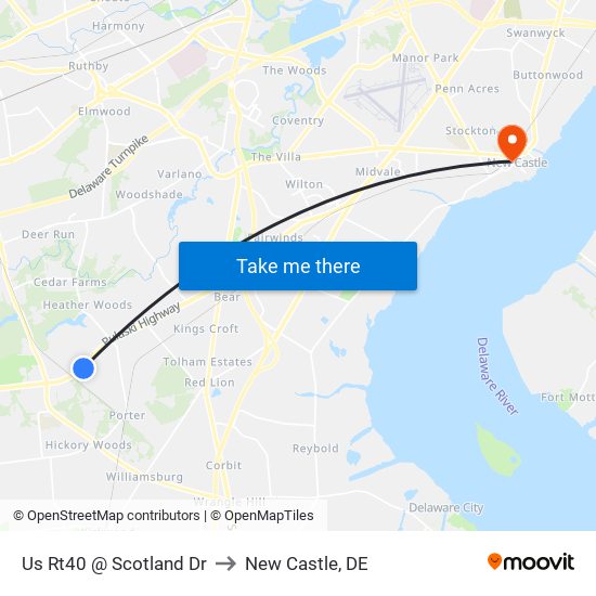 Us Rt40 @ Scotland Dr to New Castle, DE map