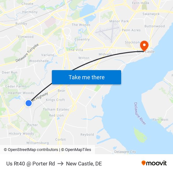 Us Rt40 @ Porter Rd to New Castle, DE map