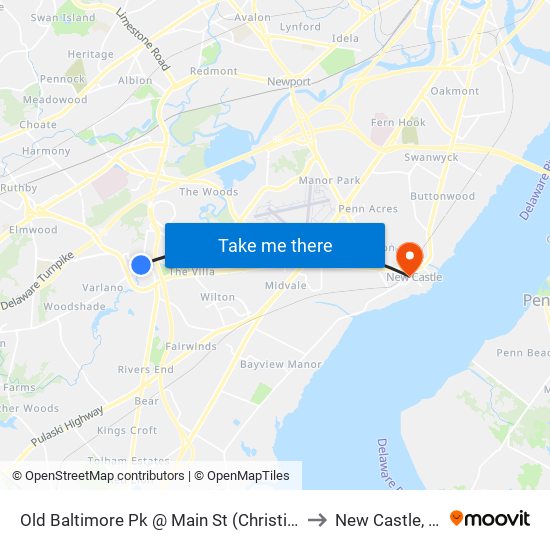 Old Baltimore Pk @ Main St (Christiana) to New Castle, DE map