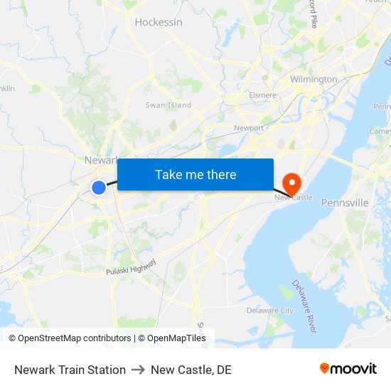 Newark Train Station to New Castle, DE map