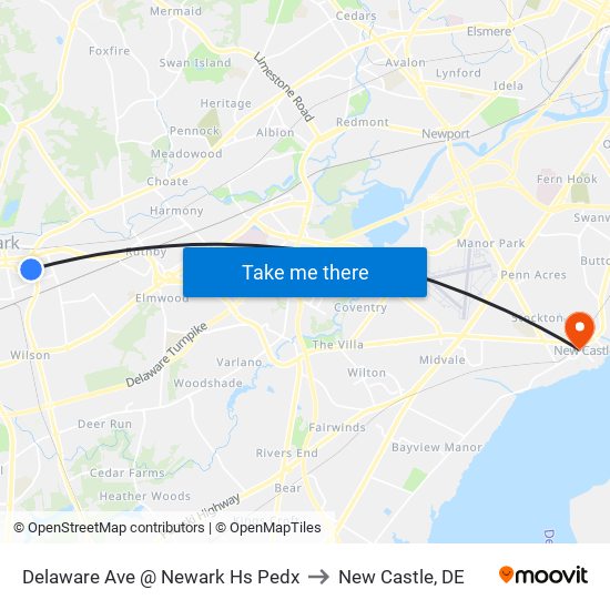 Delaware Ave @ Newark Hs Pedx to New Castle, DE map